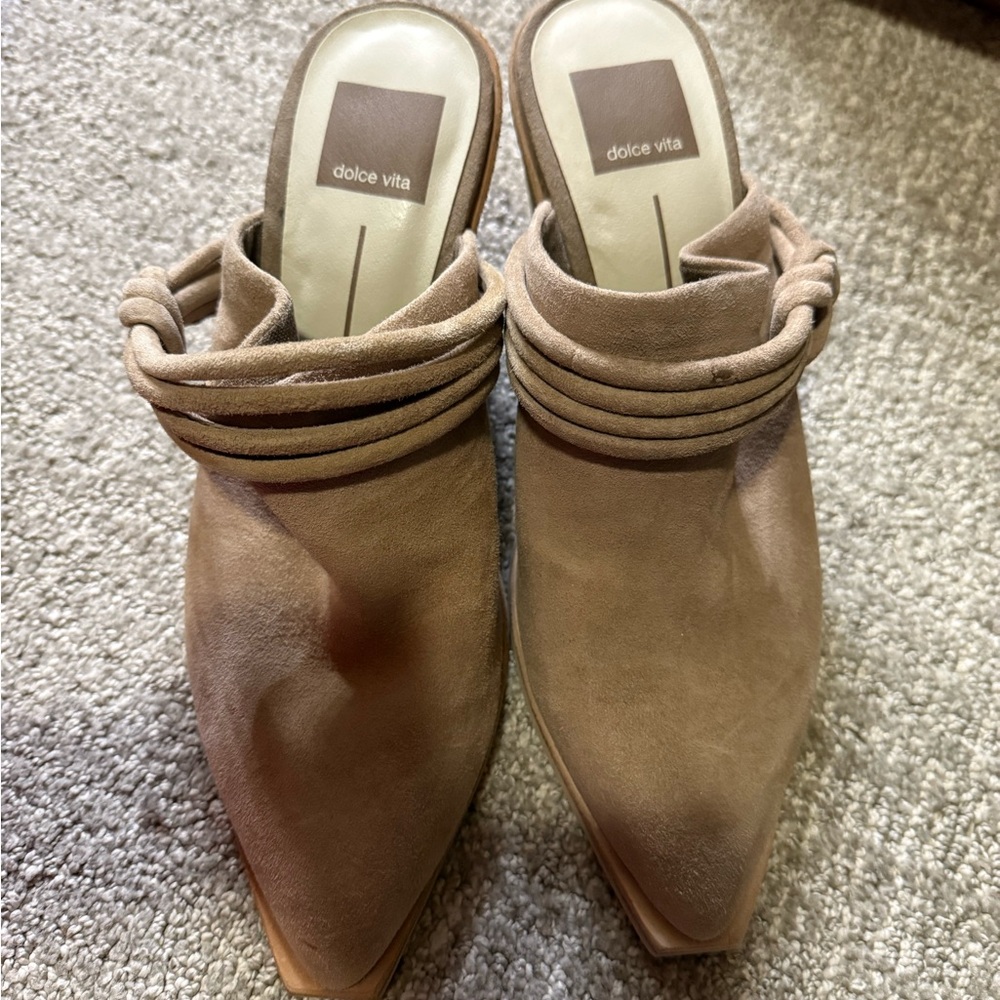 Dolce Vita Tan Suede Mules with Layered Straps